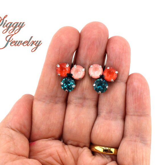 Triple Drop Earrings made with Genuine Austrian Crystals in Coral and Teal - Picture 5 of 6